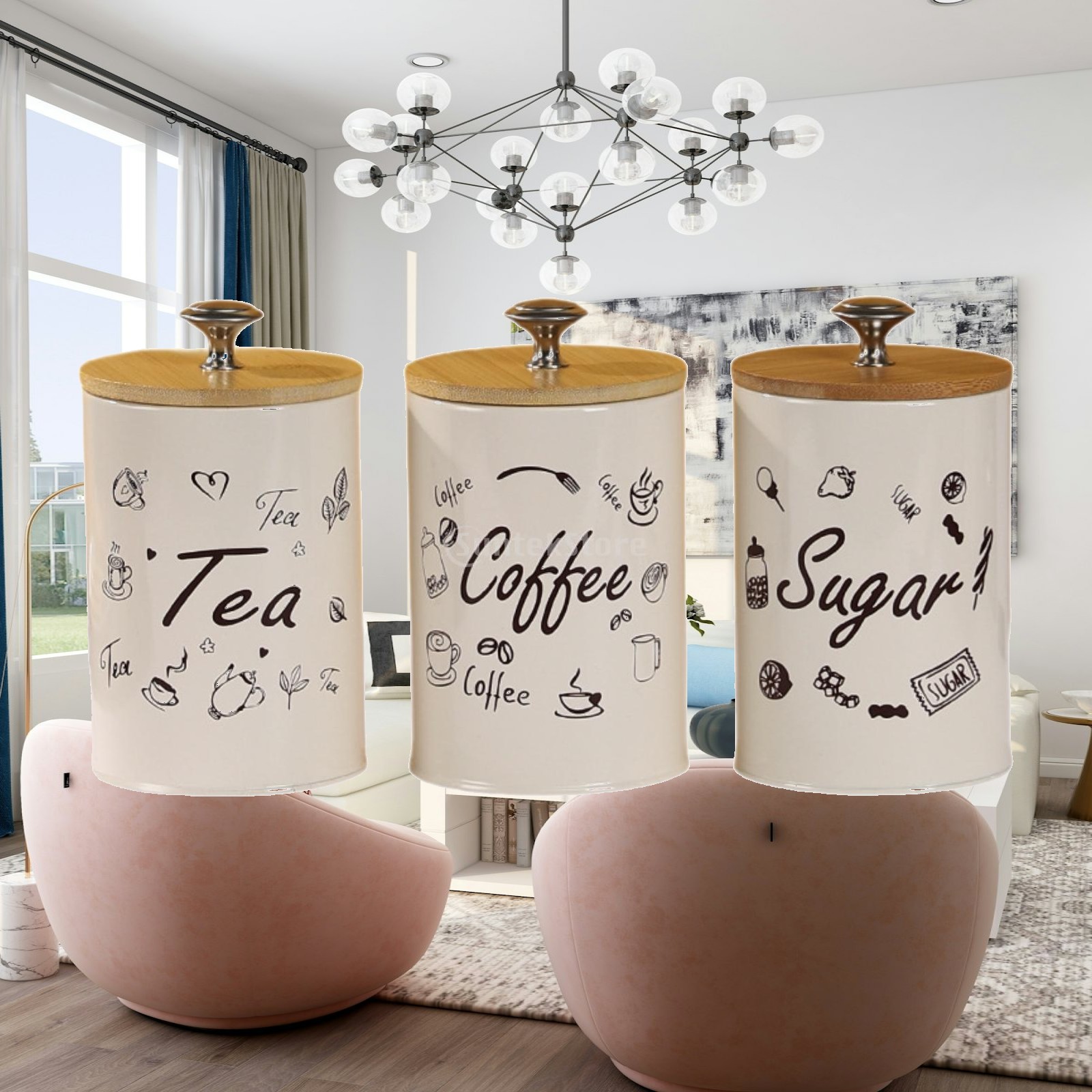 Coffee Tea Jar Set - ชุดกระปุกเก็บน้ำตาล ชา กาแฟ สไตล์ฟาร์มเฮาส์ สำหรับตกแต่งครัว ทำจากเหล็กและไม้ไผ่