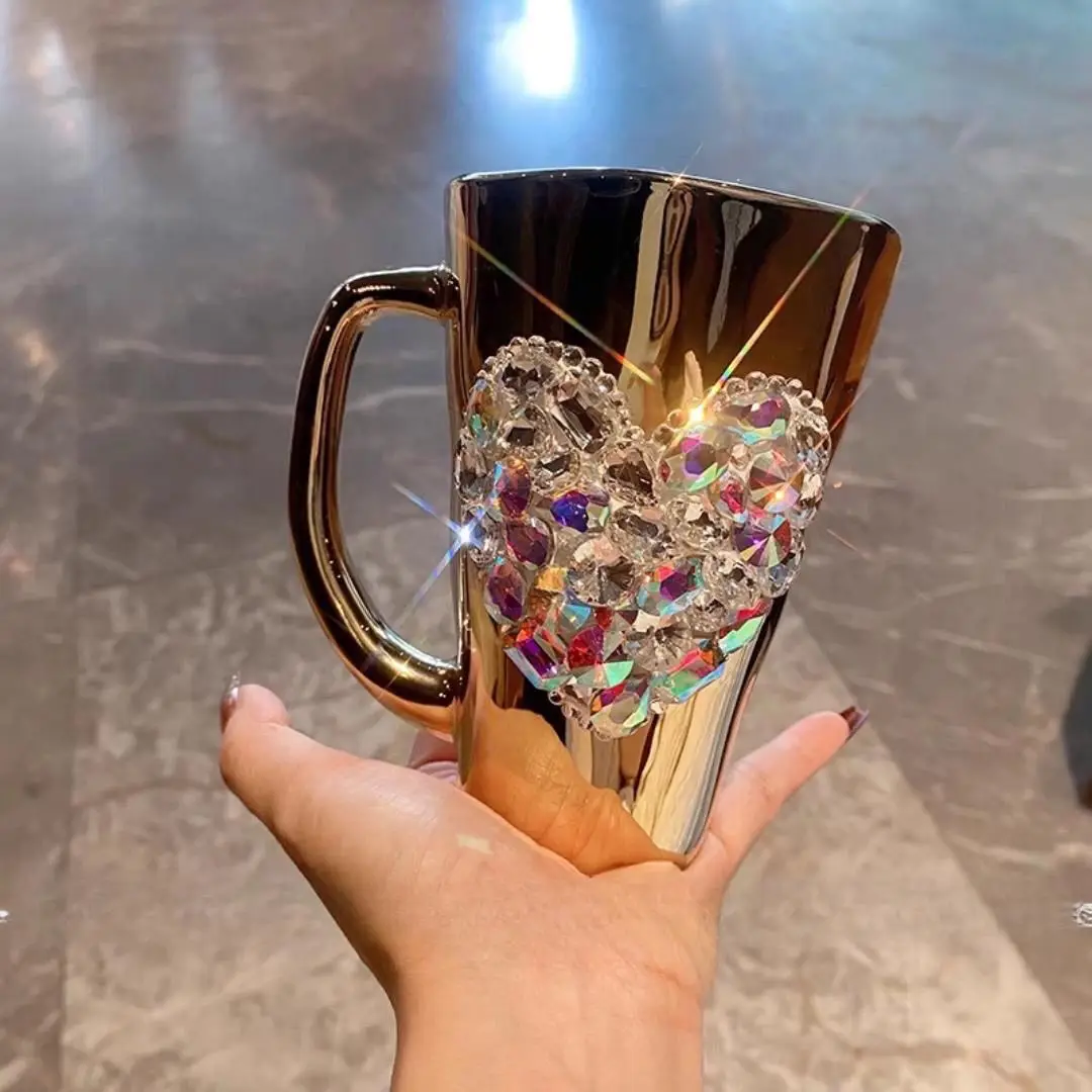 Coffee Tea Japan - แก้วกาแฟแก้วใสประดับเพชรรูปหัวใจ แก้วน้ำหรูหราพร้อมหูจับ สำหรับนม ชา และเครื่องดื่ม