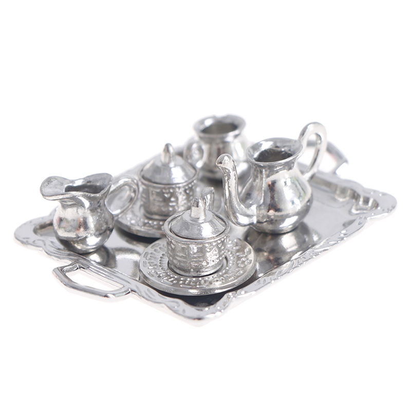 Coffee Tea Sugar Set - 10 ชิ้น/เซ็ต 1/12 Dollhouse Miniature โลหะเงินชากาแฟถาดชุดบนโต๊ะอาหารสําหรับตุ๊กตา