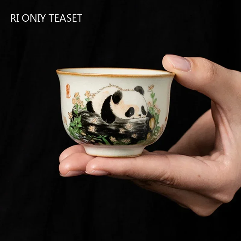 Coffee Tea Set Up - 1 Pc ประเพณีจีน Ru เตาเผาเซรามิคชาถ้วยมือวาดน่ารัก Pandas