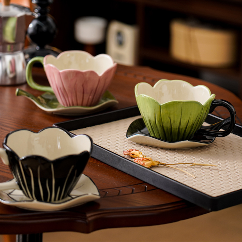 Coffee Leaves Tea - ไม่สม่ําเสมอมือวาดถ้วยกาแฟชุดจานประณีตสํานักงานชายามบ่ายแก้วแฟชั่นดอกไม้แก้วเซรามิคใบแผ่น Drinkwar