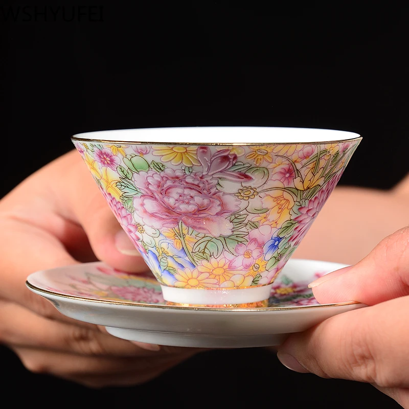 Coffee Tea Set Up - แก้วชาเซรามิกจิ่งเต๋อเจิ้น ลายดอกไม้เคลือบสี วาดด้วยมือ แก้วมาสเตอร์ ชุดชาผู่เอ๋อร์ พร้อมจานรอง