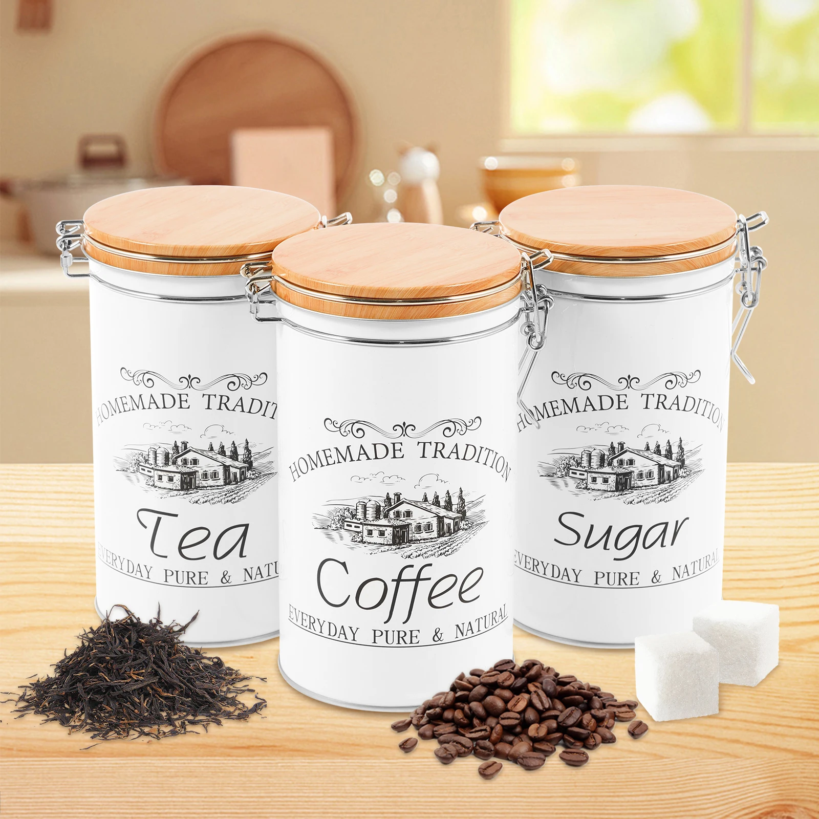 Coffee Tea Jar Set - 3 ชิ้น/เซ็ต กระป๋องชา กาแฟ น้ำตาล กระป๋องโลหะสำหรับเก็บเมล็ดกาแฟ